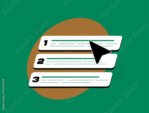Search results - top organic seo rankings with numbered green snippets and cursor arrow selection. Digital marketing insights for SEO optimization and user query navigation. Vector illustration