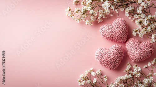 Pink hearts and flowers on a pastel background for Valentines Day.