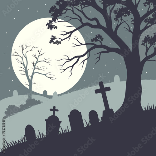 Spooky graveyard scene with full moon and trees for halloween night vector