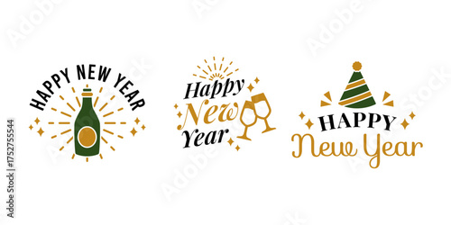 Happy New Year Lettering Flat Colored Bundle for Festive Greeting and Celebration Design