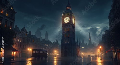 A nighttime street scene with a prominent clock tower, reflecting light on wet pavement