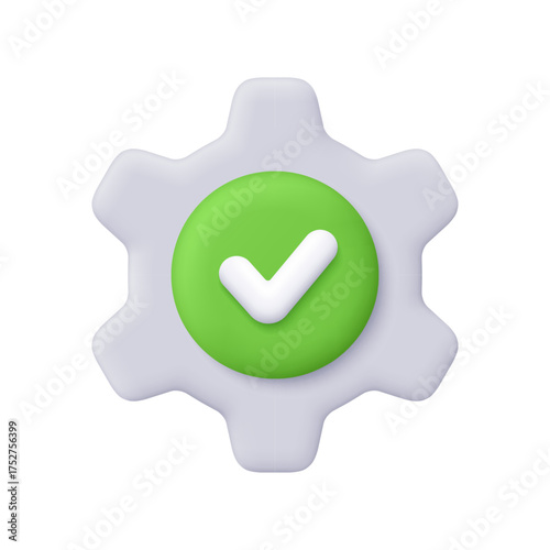 Grey gear with check mark on green circle button. Business, technology, user interface, settings, system configuration, approval and success concept. 3d vector icon. Cartoon minimal style.