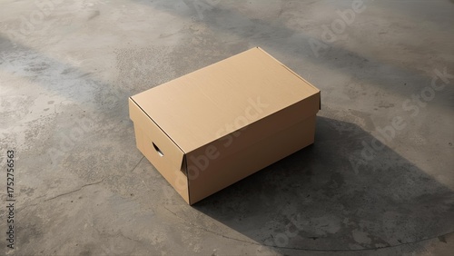 Create a photorealistic mockup of a closed cardboard shoebox placed on a concrete or wooden floor. The box should be centered, with realistic lighting casting soft shadows.