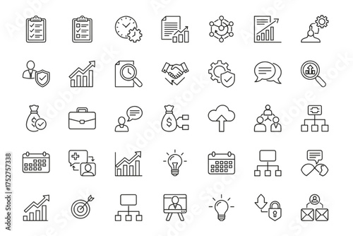 Business management editable line icon set. Workflow, strategy, finance and project planning. Grow and success concepts. Data analysis, marketing and human resources vector symbols.
