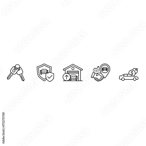 Car key ignition remote, vehicle protection shield icon, garage storage with upward arrow, handshake partnership and growth symbol with car location pin, price tag on car buying concept