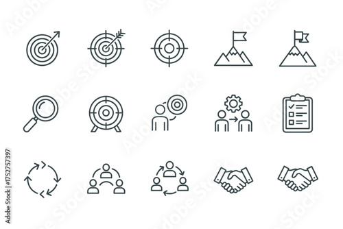Business success vector icons set, target, goal achievement, teamwork, collaboration, partnership handshake, task management checklist, cycle process, leadership and strategy concept line symbols