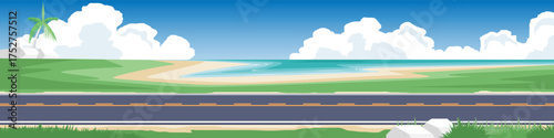 Horizontal or landscape of smooth asphalt road for banner. On the wide grassland and sea beach. End of the hill there is a coconut tree. Softe color of blue sky and white clouds.