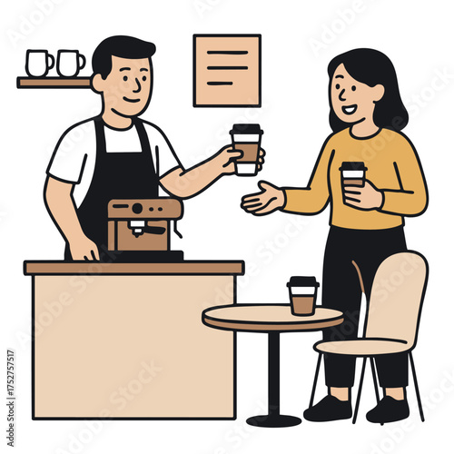 Barista woman coffee cafe counter smiling cup table chair casual friendly