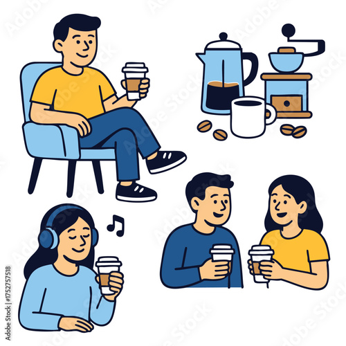 People drinking coffee, relaxing, talking, and listening to music, coffee maker and cup shown