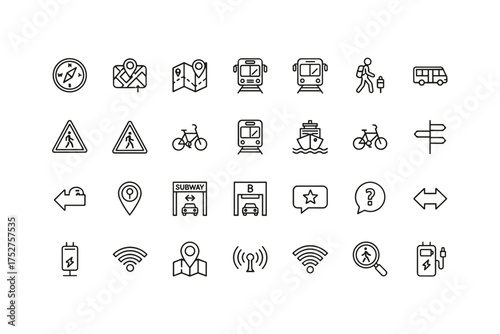 Travel and transportation vector icons set with navigation, map location, public transport, bicycle, pedestrian, ship, wifi, charging station, subway and information symbols