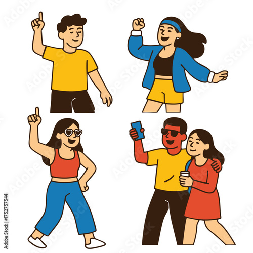 Group of happy people dancing, taking selfie, and enjoying together, casual clothing