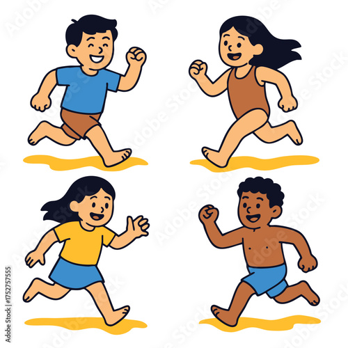 Children running on sand, smiling, wearing swimwear and casual clothes, joyful summer activity