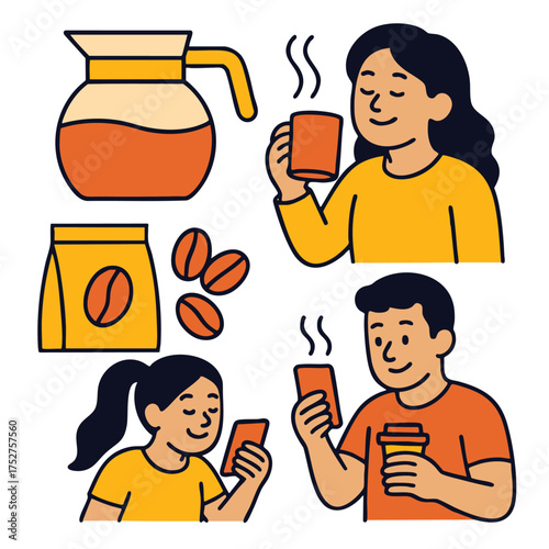Coffee pot woman man girl cup bag bean happy hot drink morning