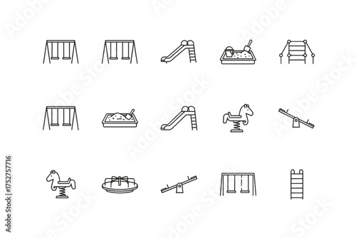 Playground icons set. Park and outdoor recreation equipment. Simple line art symbols. Swing, slide, sandbox, seesaw, merry-go-round for kids activity and childhood fun vector.