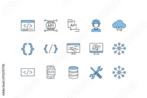 Software development and programming icons set with API, coding, cloud computing, database, and technical tools for web and mobile applications