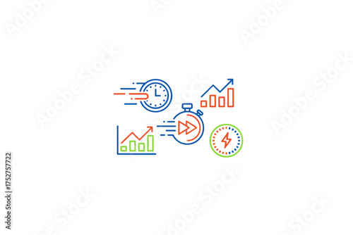 Fast time management and efficiency concept illustration with speed clock, stopwatch, and rising graphs for productivity, growth, deadline, and business success visualization