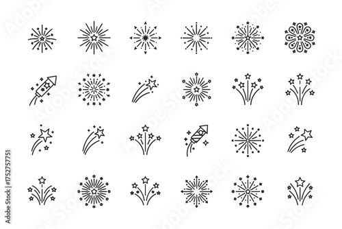 Fireworks line icon set. Celebration, party, new year symbol collection. Firecracker, rocket, star, burst pictogram pack. Festive pyrotechnics for holiday, anniversary design.