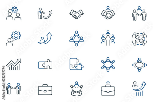 Business and partnership line icon set. Teamwork, collaboration, meeting, and growth concepts. Includes handshake, puzzle, career development, and strategy symbols. Corporate vector pack.