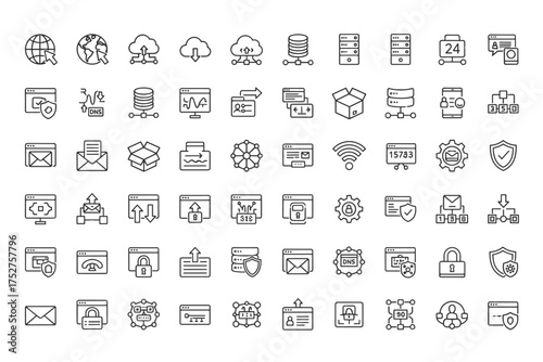 Network and Technology thin line icon set. Web hosting, cloud data server, internet security, and communication vector symbols. DNS, cyber protection, and UI UX pictograms.
