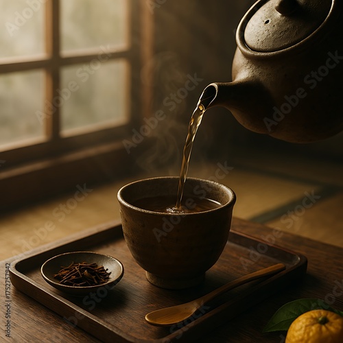 Pouring of Hōjicha Roasted Green Tea in Afternoon Light