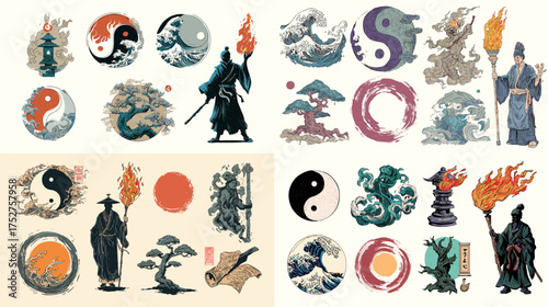 Japanese Zen and Taoist illustration with monks, yin-yang, fire, and landscape symbols. Perfect for spiritual design, Asian philosophy art, and meditative cultural poster decoration.