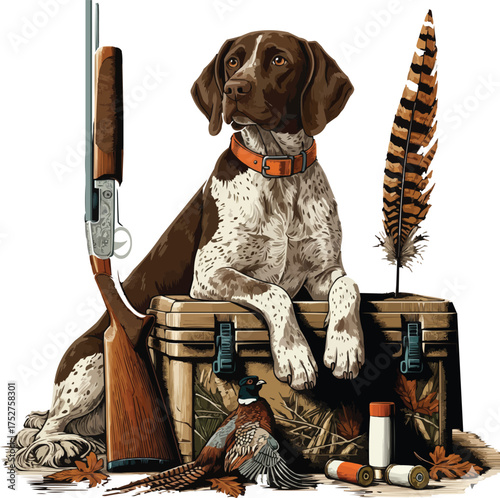Hunting Dog with Shotgun and Pheasant Vector Illustration