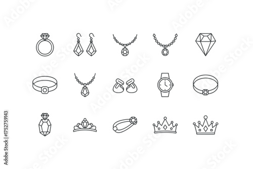 Jewelry accessories vector line icon set. Diamond ring, necklace, earrings, crown, tiara, and watch symbols. Luxury fashion items collection. Precious gem stone.