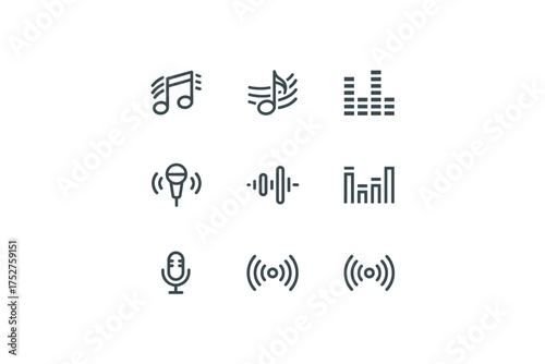 Music and audio line icon set. Sound wave, microphone, voice recorder and equalizer symbols. Podcast and radio audio spectrum pictogram collection for app and web UI/UX.