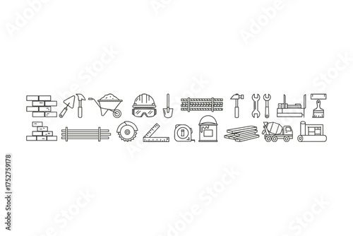 Construction building tools line icon set. Vector collection for architecture and renovation. Includes bricks, trowel, hammer, wheelbarrow, helmet, saw, ruler, tape, paint, wood, mixer.