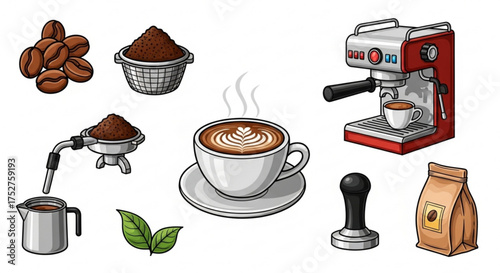 Coffee preparation set with beans, ground coffee, espresso machine, and cup of cappuccino on a isolated