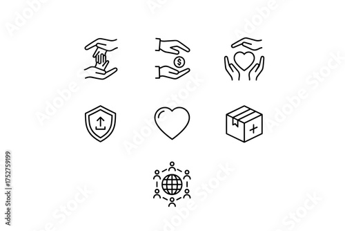 Charity and donation line icon set. Symbols for philanthropy, volunteering, support, and love. Vector icons for care, giving money, global community, humanity, and fundraising.