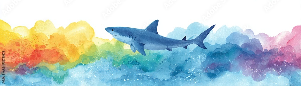 Obraz premium A vibrant watercolor illustration of a shark swimming through colorful waves, showcasing an artistic blend of marine life and abstract colors.