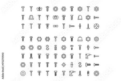 Big line icon set of fasteners and hardware. Screws, bolts, nuts, and nails. Construction, repair, and DIY tools. Industrial equipment symbols. Vector graphic elements.