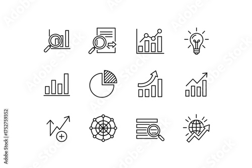 Data analysis icon set for business intelligence and statistics. Thin line vector icons of charts, graphs, research, and strategy. Metaphor for growth, marketing report, and success.