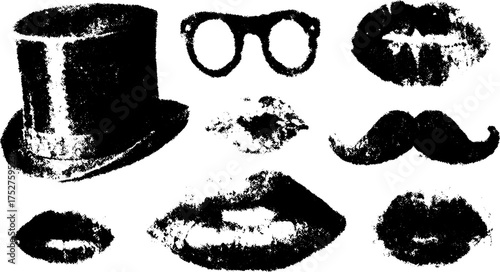 Vintage line drawing set featuring a hat, glasses, lips, and mustache. Black outline illustrations create a unique vector illustration.