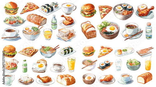 Watercolor food illustration featuring Asian and Western dishes like ramen, sushi, burgers, and drinks. Perfect for menu design, restaurant branding, and culinary lifestyle artwork.