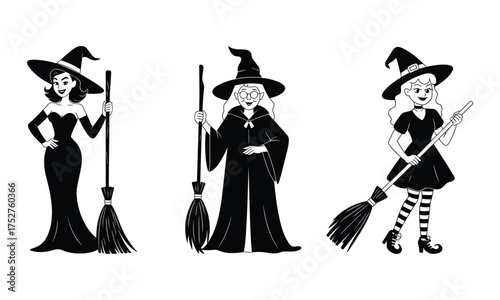 Three witches with brooms in black silhouette on white background halloween