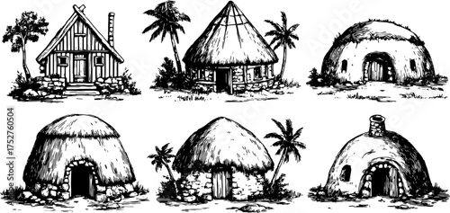 Traditional house and hut illustrations in black and white. A set of vector buildings showcasing rural architecture with stone and straw designs.