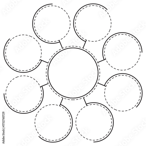 8-Step Circular Infographic Vector Template. This monochrome illustration is ideal for visualizing central concepts, relationships, or options connected to a core idea, for mind maps and presentations