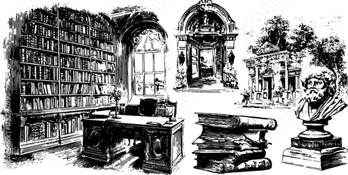 Engravings of an antique library interior with books, a desk, and a bust. Vector illustration showcasing vintage architecture and ornate details in a set.