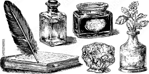 Engraved illustration of vintage items: inkpot, feather quill, jars, and a book. Detailed vector set showcasing classic stationery.