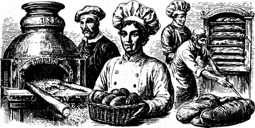 Baker working in a kitchen. Hand-drawn engraving illustrating chefs, an oven, and various bread types in a retro vector illustration.
