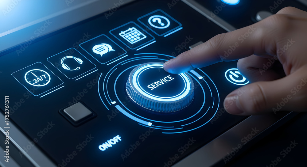 Fototapeta premium Finger pressing service button on futuristic control panel for customer support