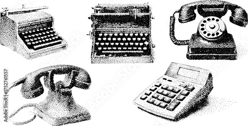 Set of vintage equipment including typewriter, phone, and calculator in engraved style. Vector illustration showcasing retro devices.