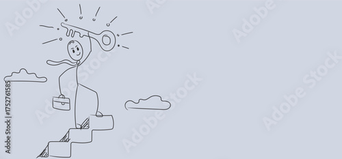  Stickbusinessman winner walk up to top of stairway lifting golden success key to the sky