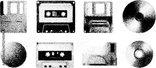 Engravings of retro media icons including cassettes, disks, and floppy disks. Hand-drawn outline style, ideal for vintage graphic design. Vector illustration set.