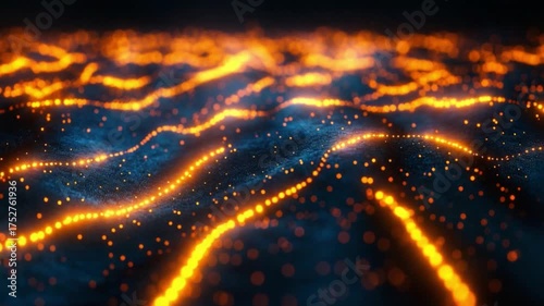 Abstract Data Waves: Glowing orange particles form mesmerizing waves on a dark blue background, symbolizing the complex flow of information and interconnected networks.