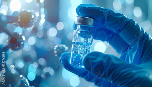 Science and Discovery: A close-up view reveals gloved hands holding a vial, showcasing the delicate balance between science and innovation in a laboratory setting.