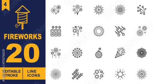 Fireworks line Editable Icons set. Vector illustrations in a modern, thin line style of celebration related icons: fireworks burst, firecracker, bomb, dan more.