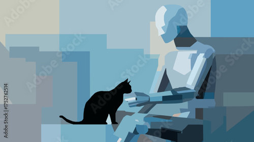 Robotic humanoid playing with cat